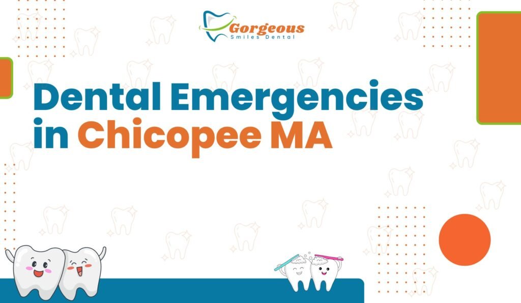 Illustration showing a dental emergency scenario in Chicopee, MA, featuring a patient holding their jaw in pain. The image highlights common dental emergencies, such as broken teeth, severe toothaches, and swollen gums, with a dentist providing urgent care.